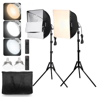 Vevor Softbox-Set, 400 x 400 mm, Profi Fotostudio Set mit 45 W LED-Birnen, 3000–6500 K einstellbare Farbtemperatur, Stativständer, Fernbedienung, Studioleuchten für Porträtaufnahmen, Live-Streaming