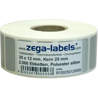 Polyester Thermotransfer Etiketten auf Rolle 25 x 12 mm aus PET Polyesterfolie silber stark haftend für Typenschilder - 2.000 Stück je Rolle - Kern: 25 mm Druckverfahren: Thermotransfer(mit Farbband)