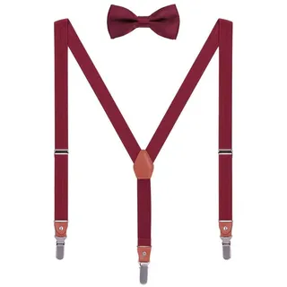 WANYING Unisex Hosenträger Fliege Set für Herren Damen 3 Starken Langen Clips Y-Form Elastische Hosenträger für Körpergröße 140-185cm - Bordeaux Rot - für Erwachsener Körpergröße 140-185cm