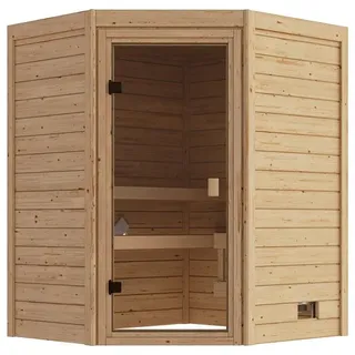 Karibu Woodfeeling Sauna Valida 1 (Eckeinstieg) - 38 mm Massivholz AktionssaunaBronzierte Ganzglastür Ohne Dachkranz Ohne Ofen
