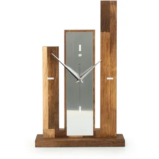 Kreative Feder Designer-STANDUHR „Stairs“ aus Massivholz – analoge TISCHUHR ohne Tickgeräusche (leises Funkuhrwerk, Eiche geräuchert)