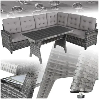 tectake® Gartenbank, Set mit Bank und Esstisch, Rattan Eckbank Outdoor Lounge, Sitzecke wetterfest als Gartenlounge, Balkon Möbel, Wintergarten, Terrasse - grau