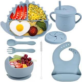 Delven Baby Geschirrset Kinderteller Set, Baby Essen Set 8 Stück Silikon mit Saugnapf Babyteller Schüssel Lätzchen Löffel Gabel Deckel, Rutschfest Babyteller Set für Kleinkinder Jungen, Hellblau