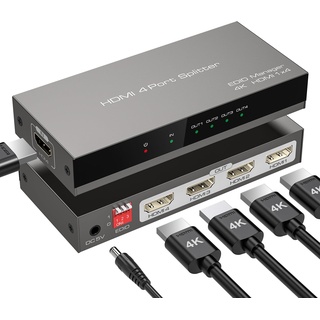 HDMI Splitter 1 in 4 Out Gleichzeitige Zuweisung von 4 Monitoren mit EDID-Management-Unterstützung 4K30hz 2K 3D 1080p HDCP 4-Wege HDMI Verteiler für TV PSBox/PC/PS4/Laptop Inklusive 1 HDMI-Kabel