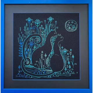 Riolis Blackwork Stickset Katzen. Mondlicht, Zählmuster, 30x30cm | Zweigart-Aida-Stoff, 14 Karat, 3 Baumwollfarben, mittlere Stufe, Diagramm und Nadel enthalten, Stickerei-Geschenkset