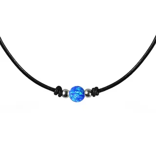 Edellis Kette und Anhänger Set Blauer Opal 8 mm mit Ziegenleder Kette und Silber Kugeln und Verschluß (1-tlg), 925 Silber blau 45cm