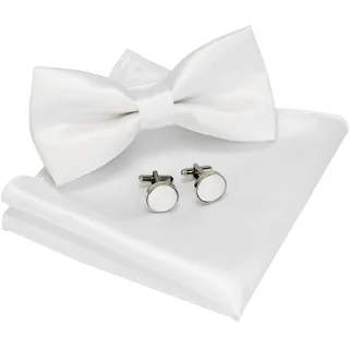 JEMYGINS Einfarbig Fliege und Einstecktuch mit Manschettenknöpfe Sets für Herren,Weiss - M