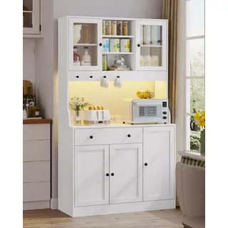 MSMASK Küchenbuffet Küchenschrank Sideboard mit LED, Arbeitsplatte,Schubladen Verstellbaren Ablagen, Großer Stauraum, Weiß, 180cm hoch weiß