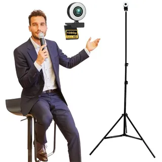 TronicXL Webcam mit Ringlicht Lampe + 210cm Stativ Full HD Mikrofon 1920x1080p Stereo Geräuschunterdrückung Hintergrund I für Computer PC Laptop