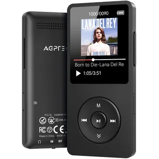 AGPTEK 64GB MP3 Player Bluetooth 5.3, Tragbarer Player mit Lautsprecher | 40 Stunden Akkulaufzeit Kleiner Klassischer Musikplayer mit 1,8 Zoll Bildschirm, UKW-Radio, TF-Karte bis zu 128GB, Schwarz
