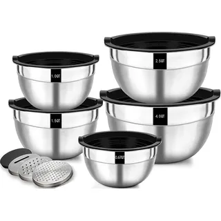 rpstrading Salatschüssel 5er Set, Edelstahl Schüssel mit luftdicht Deckel, Größe 4.5l, 2.7l, 1.6l, 1.1l, 0.7l, Rührschüssel Schüsselset für die Küche...