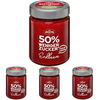 Zentis Fruchtaufstrich Erdbeere passiert 50% weniger Zucker – 195 g Glas fein passierter Brotaufstrich mit Erdbeeren (Packung mit 4)