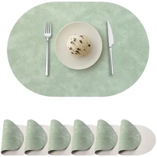 Ovale Tischsets 6er-Set, Kunstleder-Tischsets für Esstisch beidseitig nutzbar hitzebeständig waschbare abwischbare Tischsets für drinnen draußen, Grün/Beige