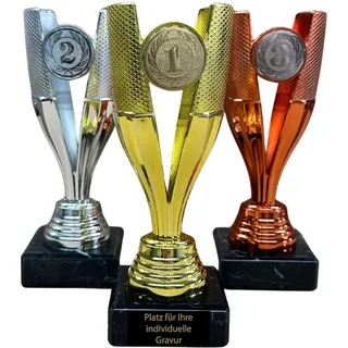 EBERiX POKALE – Pokal 15 cm mit Gravur auf Marmorsockel – wählbar in Gold Silber Bronze – personalisierte Kunststoff Trophäe – Award für Turniere & Events – einzeln oder als 3er-Set (3-er Set)