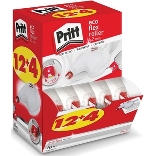 PRITT Korrekturroller ECO Flex Sideway, 12 + 4 Roller im Display, ergonomisches Design für seitliche Anwendung, Breite 4,2mm, Länge 10m, flexible Spitze, 9H PRKEM