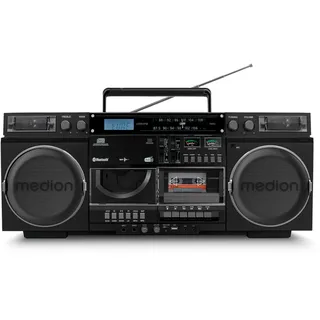 MEDION P66538 Kassettenrecorder (Retro Ghettoblaster mit CD-Player, 80er, groß, USB, SD, CD, Kassetten MC, DAB+ Radio Teleskopantenne, Bluetooth, Kassettendeck, Aufnahmefunktion