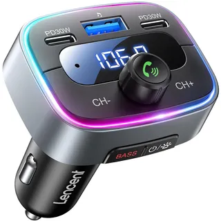 LENCENT Bluetooth 5.4 FM Transmitter Auto Bluetooth Adapter, 60 W PD 30 W Dual-USB-C-Schnellladung, Auto Music Adapter, Freisprecheinrichtung, 7-farbige LED-Hintergrundbeleuchtung und USB-Stick
