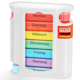 MC-Trend Tablettenbox 7 Tage – Wochendispenser mit 4 Fächern pro Tag, farbcodierte, herausnehmbare Tagesboxen, robuster Turm-Organizer aus BPA-freiem Kunststoff, kompakt 11,4 × 12,7 × 4,3 cm