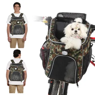 PETCUTE Haustier Fahrradtasche für Hunde Katzen,Faltbarer Hundekorb Fahrrad Vorne mit Seitentaschen,Atmungsaktiv Fahrradkorb Vorne für Kleine Mittlere Hunde mit Reflektierende Bänder und Licht