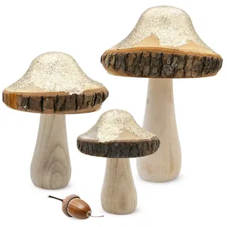 Spetebo Dekofigur Deko Pilze mit Gold Glitzer (Set, 1 St., 3 Pilze in verschiedenen Größen), Holz Pilz Figur zur Herbst Dekoration beige