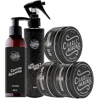 Charlemagne Haarstyling Bundle - Bestehend aus Sea Salt Spray, Koffein Shampoo, Concrete Clay, Matte Pomade und Original Pomade - Männer Geschenkset Pflegeset Männer Haarpflege mit Seasaltspray