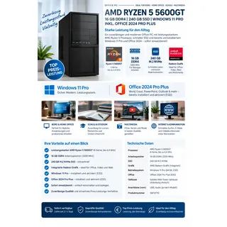 Office PC | AMD Ryzen 5 5600GT 6 x 3,6GHz | 16GB DDR4 | Radeon Grafik | 240GB SS...