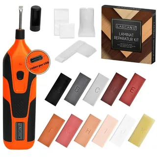 Lascano Laminat Reparaturset, Parkett Reparaturset auch für Holz, Vinylböden und Fliesen | Wachsschmelzer mit USB-Anschluss | Profi Holzkitt mit 11 Hartwachs Stangen