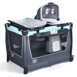 Costway - 4 In 1 Klappbares Reisebett & Wickeltisch & Laufstall & Babywiege Mit Schaukelfunktion, Inkl. Babykorb, Wickelauflage, Matratze, Spieluhr, Spielzeug, Aufbewahrungsregal Und Tragetasche Gruen