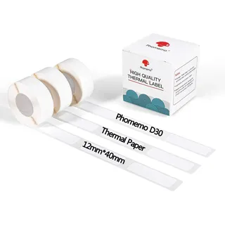 Phomemo D30 D30Pro Thermodrucker-Papierrolle - Wasserdichtes Druckpapier 12 x 40 mm / 0,47 x 1,57 Zoll Selbstklebendes Weiß für Drahtlose Tragbare Thermodrucker, 3 Rollen