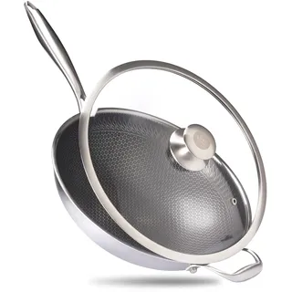 Reishunger Premium Wok aus Edelstahl | 32 cm Durchmesser | Mit Glasdeckel | Für alle Herdarten, Induktionsgeeignet | Wabenstruktur mit Antihaftbeschichtung | Spülmaschinengeeignet, Ofenfest