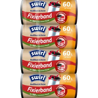 Swirl Reißfest & Dicht Fixierband Müllbeutel 60 l (4 x 10 Beutel), tropfsichere Müllsäcke für den Hausmüll, reißfeste Mülltüten für sicheren Halt am Mülleimer