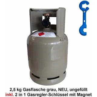 Camping Propangas-Flasche 2,5 kg grau, mit Kragen  ungefüllt, inkl. Gasreglerlös...