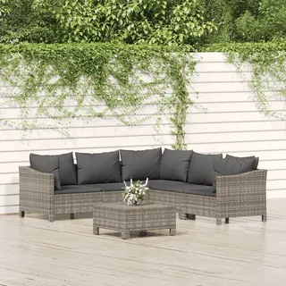 The Living Store 6-tlg. Garten-Lounge-Set mit Kissen Grau Poly Rattan - Grau