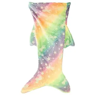 Verk Group Magische Meerjungfrau Kinder Schwanzdecke Leuchtende Sterne und Meerestiere, Regenbogen Tie-Dye Design, Weicher Flanell, 105x65x42 cm, Weihnacht Geschenk für Mädchen