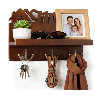 Schlüsselbrett mit Ablage Ohne Bohren, Schlüsselboard Modern,Schlüsselhalter Schlüsselregal mit Briefhalter und 6 Haken,Schlüsselhalter Wand für Wohnzimmer, Küche, Büro, Flur, Schlafzimmer, Braun