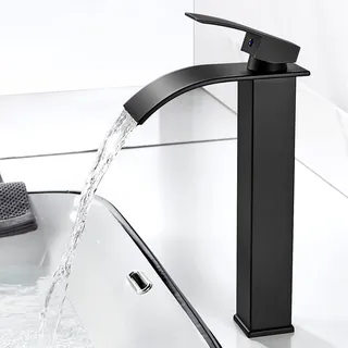Wasserfall Wasserhahn Bad Schwarz Matt, Hoch Waschtischarmatur 230mm