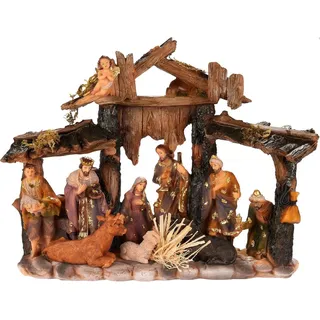 Brubaker Weihnachtskrippe - 34 cm Tischkrippe Weihnachtsfigur mit handbemalten Figuren Jesus, Maria, Josef und Könige im Krippenstall mit Tieren - Krippenfigur Weihnachtsdekoration aus Polyresin