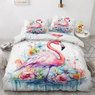 GEDAEUBA Sommer Bettwäsche 135x200 Flamingo - Tropische Blumen Tiere Bettbezug 135 x 200 2er Set, Wendebettwäsche und Kissenbezug 80x80, Weiche Mikrofaser Bettwäsche-Sets mit Reißverschluss