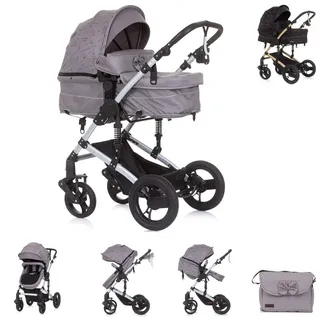 Chipolino Kinderwagen Camea 2 in 1, Moskitonetz, Wickeltasche, Getränkehalter hellgrau