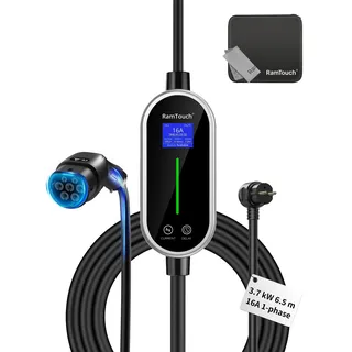 RamTouch Ladekabel Elektroauto Typ 2 Schuko (3,7kW, 6,5m), Mobile Wallbox Schuko mit 8A-16A Einstellbarer und Geplanter Ladefunktion, kompatibel mit E-Fahrzeugen und Hybriden, für Drinnen und Draußen