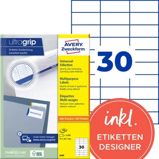 Avery Zweckform Universaletiketten 3489 Weiß 70 x 29,7 mm 100 Blatt 3000 St.
