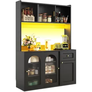SeedWave Buffet Küchenschrank Mehrzweckschrank mit LED-Beleuchtung, Glas-Schiebetüren Bodenstehendes Küchenbuffet mit 5 verstellbaren Einlegeböden schwarz