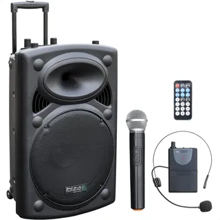 Ibiza PORT15VHF-BT mobile 38cm PA-DJ-Anlage PA-Box Bluetooth-Lautsprecher inkl. Funkmikrofon, Fernebdienung (400W RMS, Akku-Betrieb,USB/SD, Radio) schwarz
