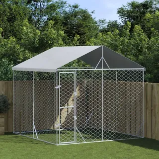 vidaXL Outdoor-Hundezwinger mit Dach Silbern 3x3x2,5m Verzinkter Stahl