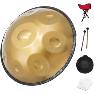 GLADFRESIT 432hz Handpan Steel Drum 9 Notes 22inch "GOLD Performer" in D Minor with handpan stand, handpan case, durable mallets and dust-free cloth (432 Hz)