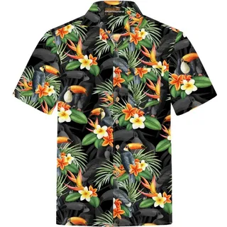 Hawaiihemdshop.de Hawaiihemd Hawaii Hemd Herren Baumwolle Kurzarm Hawaiihemd mit Papageien schwarz S
