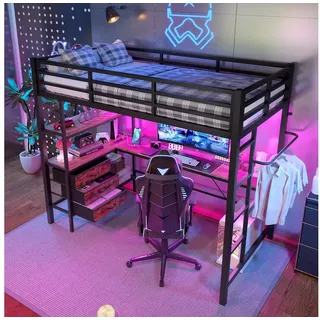 STILVORA Hochbett 90x200 Jugendbett mit Schreibtisch&Steckdose,Eisenbett mit Treppe&LED (Hochbett 90x200 cm mit Ambientelicht, Schreibtisch, USB-Steckdose, 3 Schubladen & Regalen, Sicherheitsgeländer, Treppe) ohne Matratze schwarz