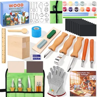 MKLG 29-Teiliges Schnitzset Kinder ab 8 Jahre – Holzschnitzwerkzeug Set mit 5 Schnitzmessern | Komplettes Schnitzmesser Kinder ab 8 Set inkl. Schnittschutz Stufe 5, Holz, Malset & Geschenkbox