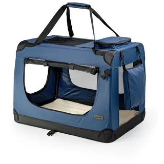 LIONTO Hundetransportbox faltbar, stabile Stoffbox mit Mesh-Einsätzen, ideal für Auto, Reise & Tierarzt, 60x42x44 cm, dunkelblau
