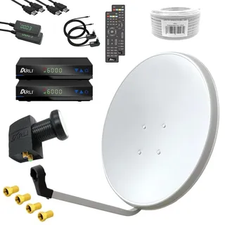 ARLI HD digital Sat Anlage 60 cm Weiß/Lichtgrau Komplettset für 2 Teilnehmer komplett inkl. 2X Receiver DVB-S2 + Twin LNB + 50 m Koaxialkabel + 4X F-Stecker Satellitenschüssel UHD (4K / 8K) 3D